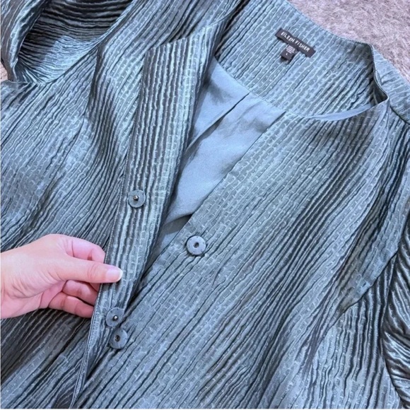 Eileen Fisher Large Muted Turquoise Blue Green Lined Textured Silk Jacket Blazer - Picture 6 of 12